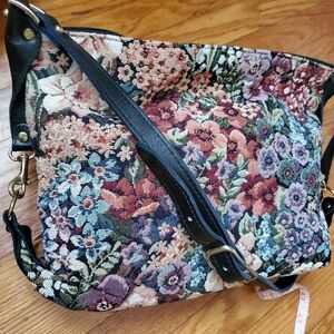 Daffodill Rare Floral Tapestry with Black Leather,gold  Accents Vintage Hobo,bag